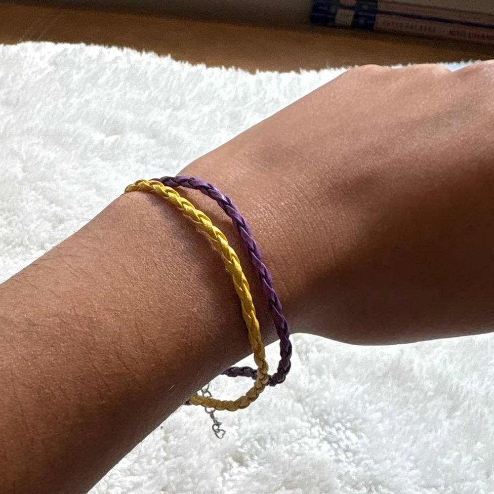 Purple and Yellow Braided Cord Bracelet Set Adjustable Lobster Clasp 2-Piece